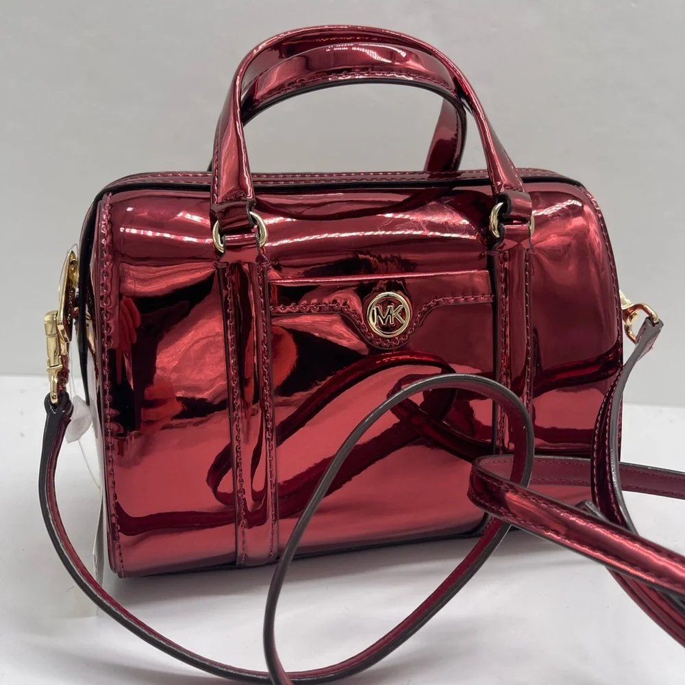MICHAEL KORS Jet Set Sm Metallic Convertible Crossbody Duffle XBODY Cherry NWT